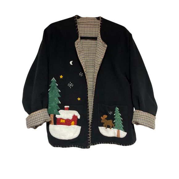Vintage Country Christmas Fleece Open Front Cardigan Jacket Felt Patchwork - Picture 9 of 13